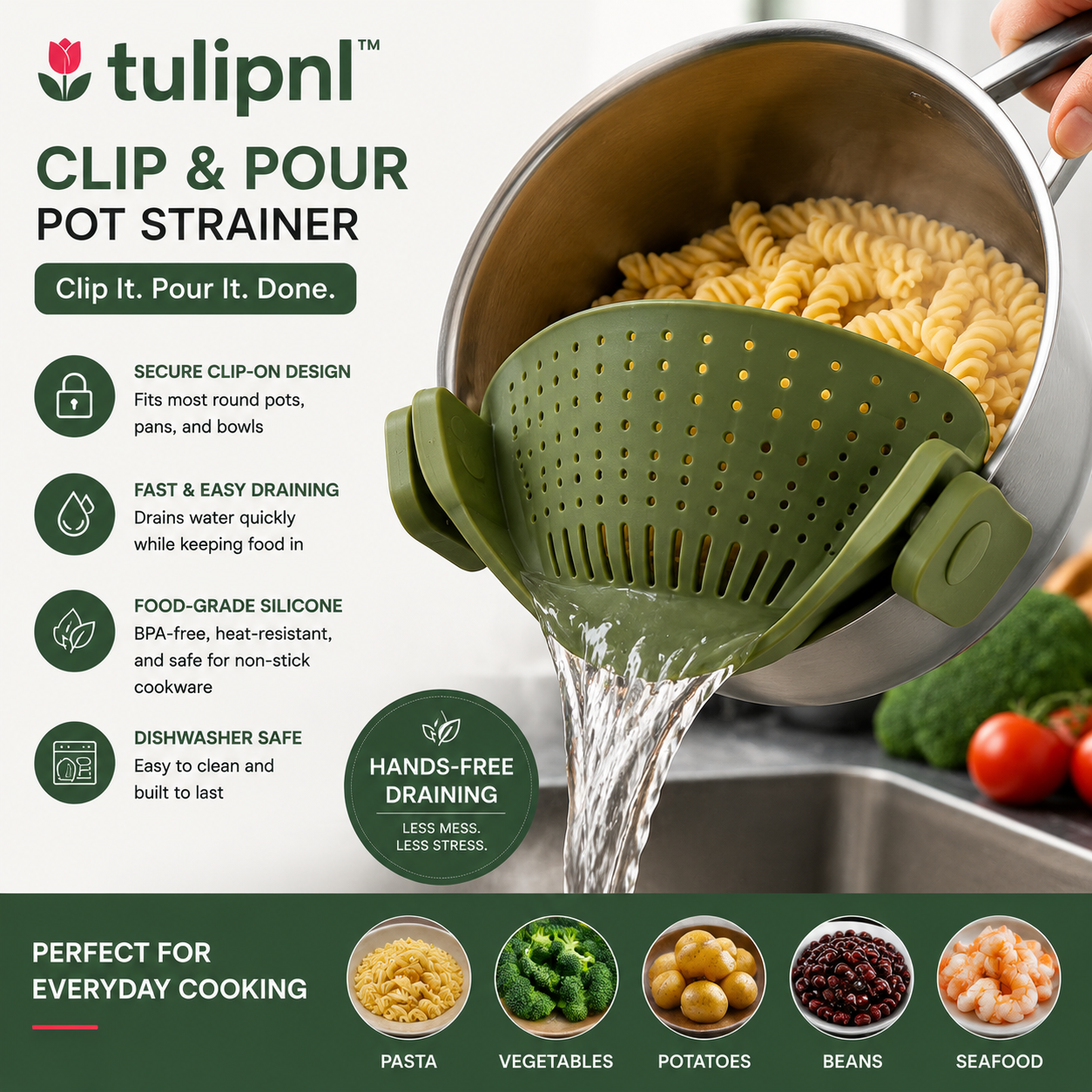 tulipnl™ Clip & Pour Pot Strainer