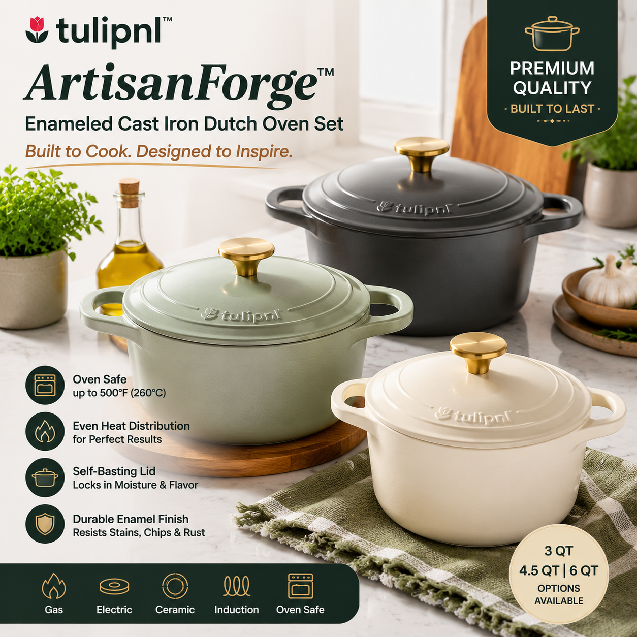 tulipnl™ ArtisanForge™ Enameled Cast Iron Dutch Oven Set